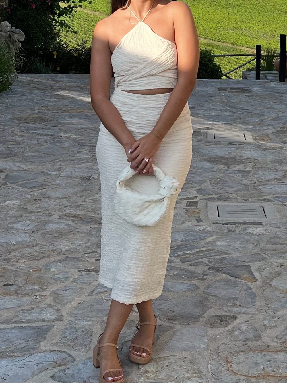 Textured Cream Strapless Midi Dress with Cutout